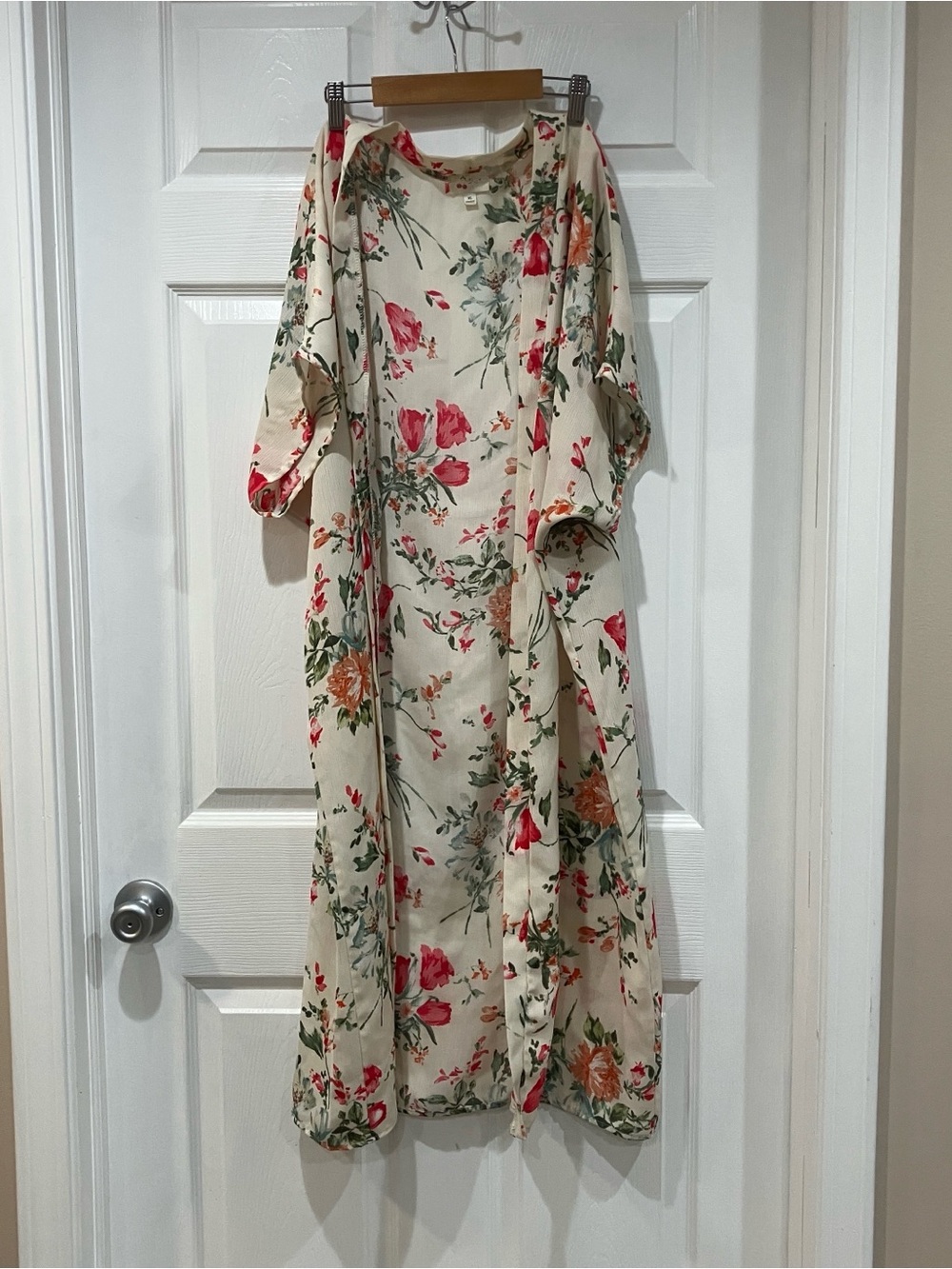 Cream Floral Maxi Dress with Pink & Green Print
